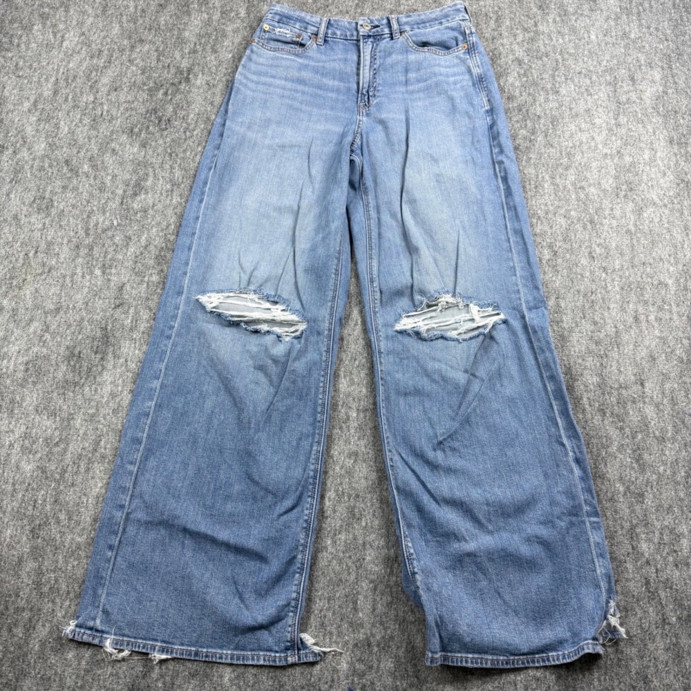 American Eagle Wide Leg Jeans Women 8 Long Blue Distressed Baggy High Rise